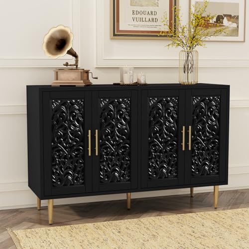HOLTICO Sideboards for Living Room, Wooden Sideboard Storage Cabinet with 4 Hollow Carved Doors, Black Vintage Buffet Cabinet for Dining Room, Living Room, Hallway