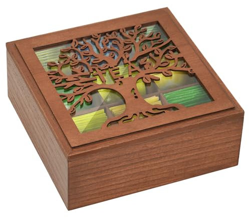 Optyuwah Boîte à thé, boîte de rangement en bois, marron, pour sachets de thé, sucre, capsules de café, boîte de conservation avec arbre de vie et couvercle en verre