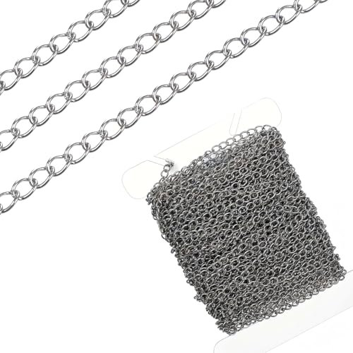 HJZHII Stainless Steel Curb Chains, 30 Foot Silver Link Chain Stainless Steel Color Plated for Jewelry Making Bracelet Necklace Soldered Handcraft Chains Metal Chain Roll Keychain Craft Supplies