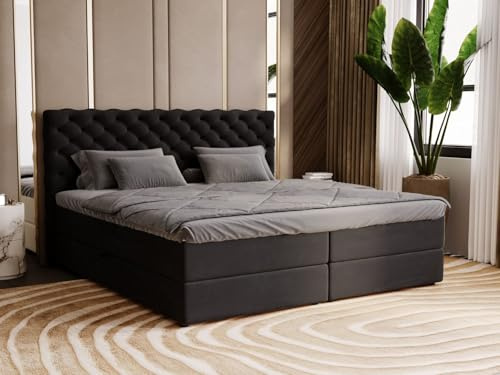 GRAINGOLD Bergamo Bett 140x200, Boxspringbett mit Bettkasten, Polsterbett mit Bonell-Matratze, Samt Stoff, mit Topper, mit Kopfteil (Schwarz, 140x200)