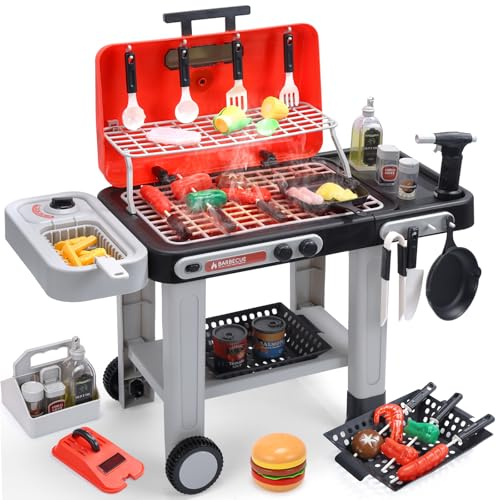 CUTE STONE Kids BBQ Grill Toys, Color Changing Play Food, Sizzling Sound & Light Effects, Cool Mist Spray, Pretend Cooking with Frying & Grilling, 2-Tier BBQ on Wheels - Kitchen Toy, Birthday Gift