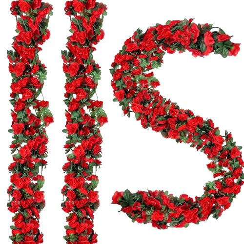 Fezaphy Künstliche Blumengirlanden, 12,4 m, künstliche Rosenranken, rote Seidenblumen, hängende Rosen, Girlanden, Efeu für Hochzeitsbogen, Party, Zuhause, Garten, Tisch, Wanddekoration, 5 Stück