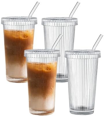 Henrrida Pack of 4 12.5 OZ Glass Cups with Lids and Straws,Belt Glass Straws,Coffee Travel Mug,Vertical Stripes Iced Coffee,Suitable for Hot and Cold Drinks 380 ml