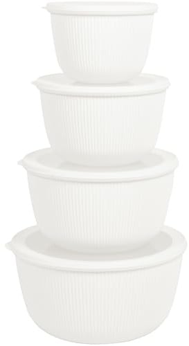 BoxedHome Mixing Bowls Set with Leakproof Silicone Lids, Nesting Salad Bowls for Prepping, Mixing, Serving, Baking, 4.7L/3.2L/2.1L/1.2L, Dishwasher & Microwave Safe, BPA-Free Plastic, Set of 4, White