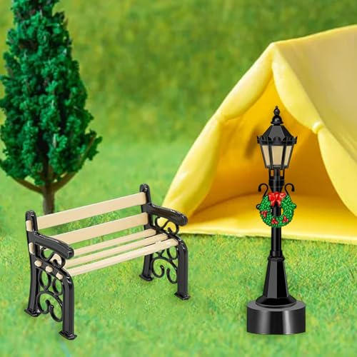 Wichtel Zubehör Weihnachten, Miniatur Straßenlaternen Bank Wichtelzubehör Wichtel Garten Zubehör Set für Wichteltür Deko und 1/12 Puppenhaus, Mini Lantern Bank Möbel Geschenke Kinder Weihnachts