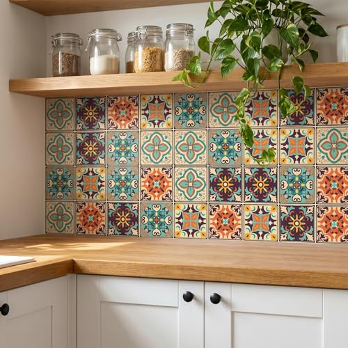 meihea 30Pcs Bohemian Style Tile self-Adhesive wall Sticker, Retro Style Wallpaper, Waterproof Living Room Kitchen Bedroom wall Sticker, Stair Decoration Sticker, 4x4 inches