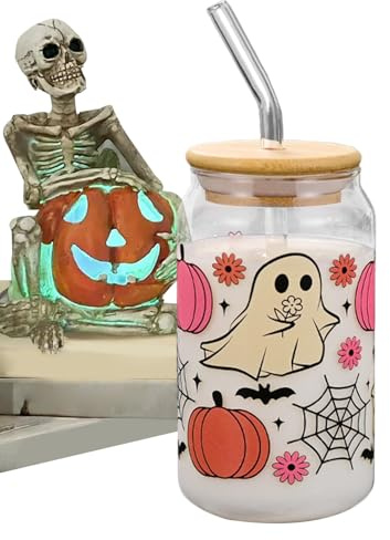 Generisch Halloween Becher Mit Strohhalmen,Gruseliger Kürbis Geist Glasbecher | 400ml Eiskaffee Tumbler Becher Mit Deckeln,Für Halloween Erwachsene Kinder Frauen Jugendliche