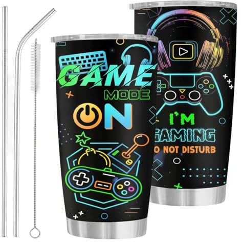 Gaming-Geschenk Edelstahlbecher Trinkgläser 20 Oz Spiel Thema Thermobecher,Kaffeebecher mit Stroh,Strohbürste &Schiebedeckel, Tragbarer Reisebecher für Milch,Tee,Bier, Geschenk für Spieleliebhaber