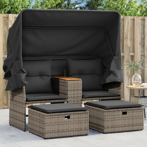 Holamys Gartensofa 2-Sitzer mit Dach, Grau Poly Rattan, ausziehbares Sonnendach, Hocker, Ablage, 110 kg Tragfähigkeit