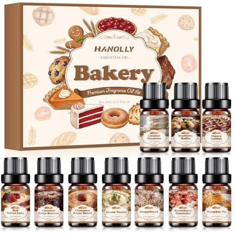 Hanolly Bäckerei Ätherische Öle Set 10 x 5ml, Aroma Diffuser Öl Duftöle für Kerzenherstellung - Lebkuchen, Kürbiskuchen, Vanillecreme, Erdbeerkuchen, Blaubeermuffin, Kokosmakrone