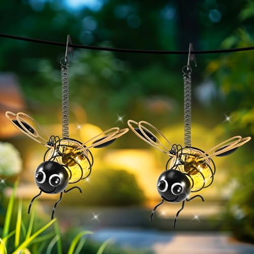 2 Stück Bienen Solarleuchten, Hängende LED Laternen für Garten & Balkon | Hängende Solarleuchten im Bienen-Design als charmante Gartendekoration für Terrasse, Balkon, Hof und Gartenwege