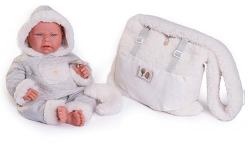 Roma Antonio Juan Poupée nouveau-né Lea avec porte-bébé en polaire 42 cm, peint à la main, yeux mobiles, couverture incluse, fabriquée en Espagne