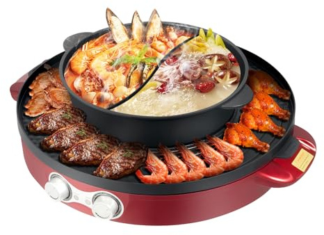 PBTERDTF 2200W Hot Pot Elektrischer, 2 in 1 Hotpot und Tischgrill für 5-6 Personen Electric Hot Pot Indoor Korean BBQ Grill Thai Barbecue Fondue Raclette für Restaurant, Hotpot-Resta (2200W)