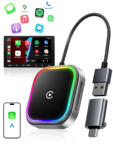WityEye Adattatore CarPlay Wireless e Android Auto Wireless, Dual Core Wi-Fi a 5.8 GHz, Bluetooth V5.3, Rapida & Stabile, per Apple iPhone iOS 10+ & Android 11+, con Luce RGB (Veicoli dal 2016)