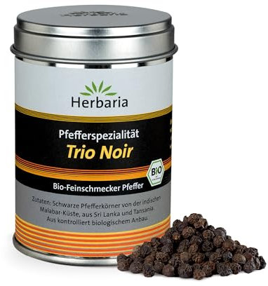 Herbaria Trio Noir bio 75g M-Dose – Bio Pfeffer schwarz ganz – ganze Pfefferbeeren – schwarze Pfeffermischung aus biologischem Anbau von drei verschiedenen Regionen - in nachhaltiger Aromaschutz-Dose