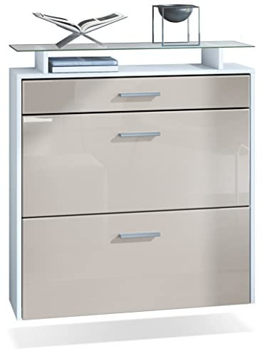 Vladon Schuhschrank Malea, hängender Schuhkipper für 16 Paar Schuhe mit 2 Klappen und 1 Schublade und Glasablage, Weiß matt/Sandgrau Hochglanz (89 x 96 x 23 cm)