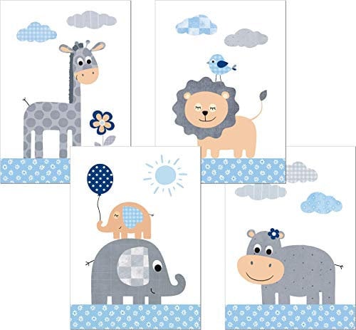 LALELU-Prints | A4 Bilder Kinderzimmer Deko Mädchen Junge | Zauberhafte Dschungel-Tiere blau | Poster Babyzimmer | 4er Set Kinderbilder (DIN A4 ohne Rahmen)