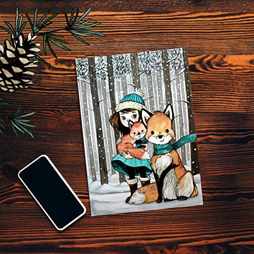 ilka parey wandtattoo-welt A6 Weihnachtskarte Postkarte Print Mädchen mit Fuchs im Winterwald Grußkarte Karte pk206