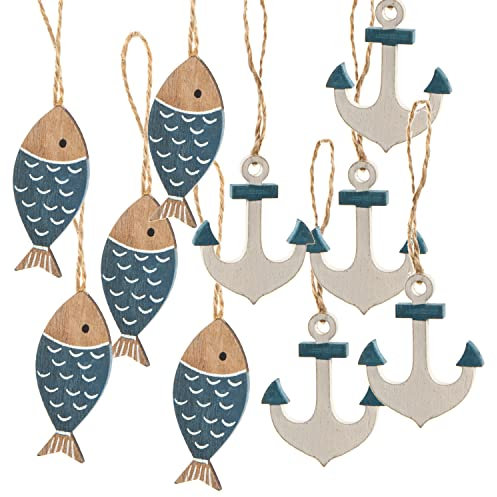Logbuch-Verlag Deko Set maritim 5 Fische + 5 Anker Anhänger blau weiß 5-6 cm -BEW