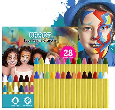 URAQT Pintura Cara Halloween, 28 Colores Crayones de Pintura Facial Niños de Seguridad No Tóxica, Pintura Corporal para Barriga Embarazada, Kit Maquillaje Halloween Festival Fiesta Cosplay Navidad
