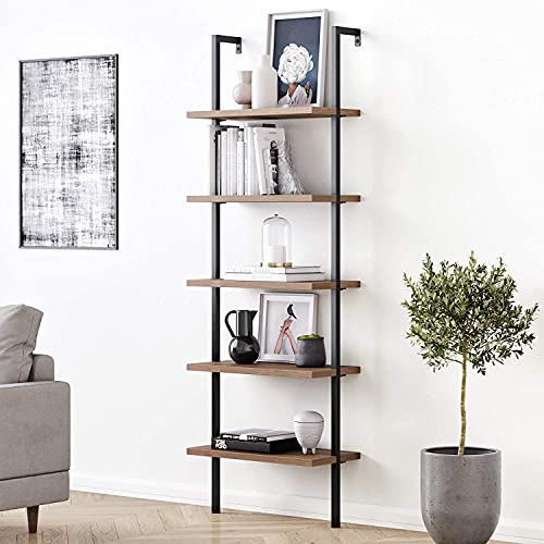 Nathan James Theo - Estantería moderna de madera de roble de 5 estantes, estantería de escalera de montaje en pared abierta con marco de metal negro industrial