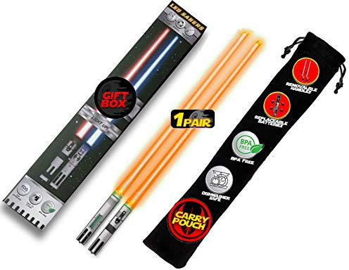 LIGHTSABER CHOPSTICKS LIGHT UP STAR WARS LED Glowing Light Saber Chop Sticks REUSABLE Sushi Lightup Sabers - Removable Handle Dishwasher Safe - Premium GIFT BOX & CARRY CASE Included - ORANGE 1 PAIR