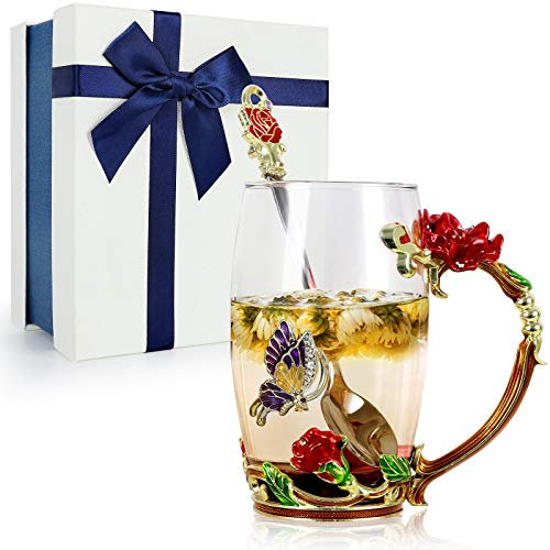 TangDouJM Cadeaux pour femmes, Cadeaux d'anniversaire pour femmes, Set de tasses à café en verre pour femmes avec cuillère en acier, Noël, Saint-Valentin, Fête des mères, 12 oz/350 ml