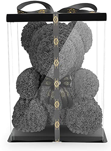 NADIR 70cm Blumenbär mit Schleife/inklusive vorverpackter Geschenkbox/Valentinstag Muttertag Geburtstag Jahrestag Infinity Rosebear Bär aus Rosen Flower Teddy Teddybär Blütenbär (Grau, 70 cm)