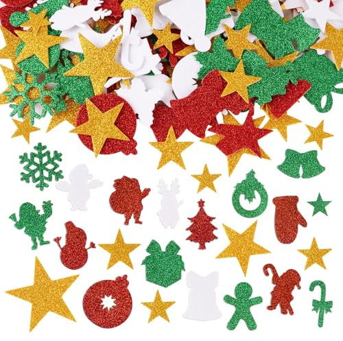 166pcs Pegatinas Adhesivas de Navidad Pegatinas de Espuma con Purpurina Colores Estrella Copos de Nieve Ornamento Adorno Decorativo para Ventanas Pared Tarjeta Cajas de Regalo