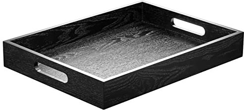 ATZYmolin Wood Serving Tray with Handles, Home Decorative Wooden Rectangle Ottoman Decor Platter Vanity Tray for Breakfast Dinner Drinks Kitchen Dining Living Bathroom Restaurants Black