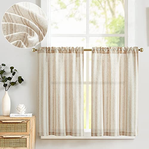 TOPICK Leinen Gestreifte Scheibengardinen Halbtransparent Bistrogardine Sheer Vorhang Privatsphäre Fenstervorhang Gardine für kleine Fenster Küche Bad Wohnzimmer 2er Set 65Bx90H(cm) Braun auf Beige