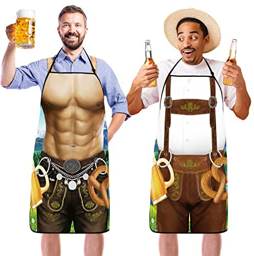 Sintege Bayerische Kochschürzen & Trachtenlederhose für Herren & Damen - 2 Stück Grillschürzen mit lustigen Trachtenmotiven für Volksfest & Bierfest
