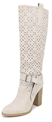 QUEEN HELENA Stivali Alti Traforati con Tacco Morbidi Casual Comodi Scamosciati con Fibbia Donna (X26-101 Beige, numeric_37)