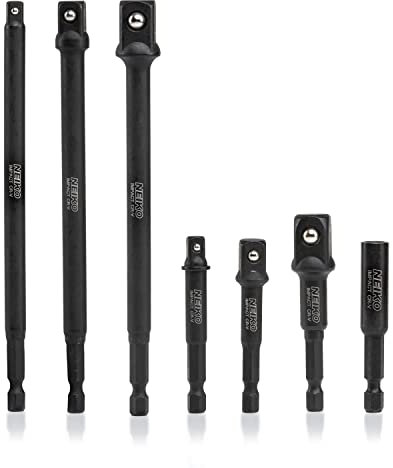 NEIKO 00254A Impact Socket Adapter and Magnetic Bit Holder, 7-Piece Set, 1/4 Hex Shank with 1/4, 3/8, 1/2-Inch Drive, Socket Adapter Extension Set 6 Long, Cr-V Steel, Power Drills & Impact Drivers