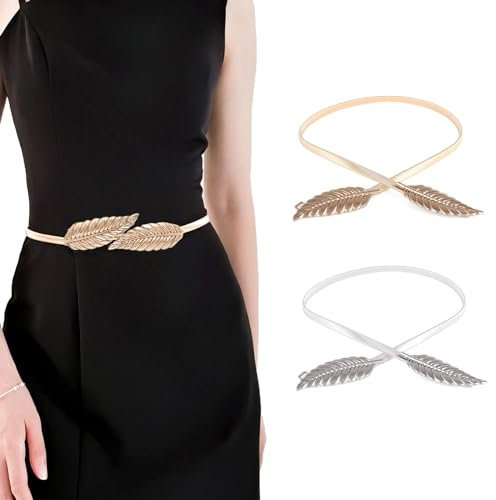 2 Stück Stretchgürte Damen Taillengürtel Hüftgurt Blätter elastischer Gürtel für die meisten Anlässe wie Hochzeiten, Familientreffen oder Weihnachtsfeiern usw(Golden Silber)