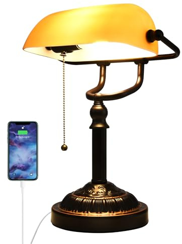 Rizzyluz Traditionelle Bankers Lampe mit Zugkettenschalter USB-Anschluss, bernsteinfarbener Glasschirm, Vintage Bibliothekslampe für Büro