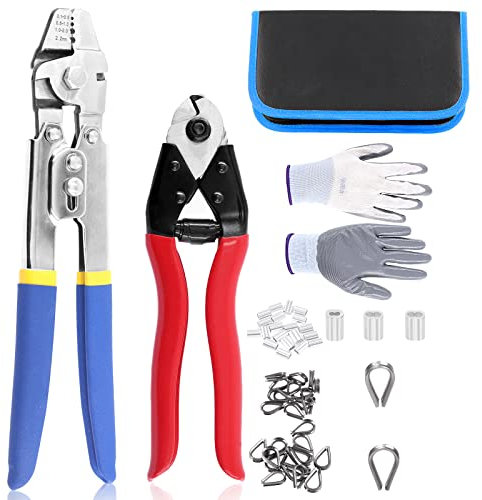 Glarks 83Pcs Wire Rope Crimping Tool Swager Crimpers Up to 2.2mm and Cable Cutter and Aluminum Double Barrel Ferrule Crimping Loop Sleeve & Stainless Steel Cable Thimbles with Gloves Assortment Kit