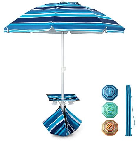 COSTWAY 2M Tilt Garden Parasol, Height Adjustable Beach Umbrella with Cup Holder Table, Zippered Pocket, Sandbag & Carry Bag, UPF50+ Sun Protection Outdoor Patio Sunshade Shelter (Navy Blue)