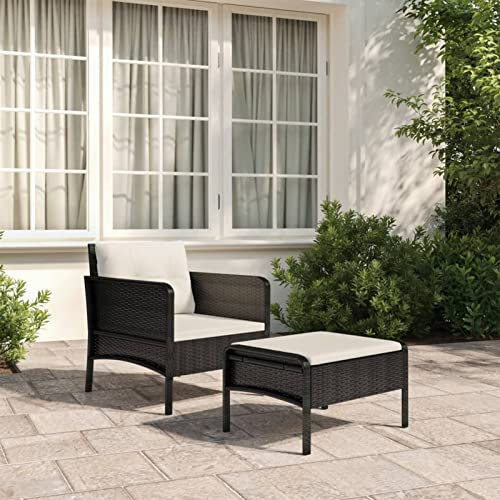 Tidyard 2-TLG. Garten Liegestuhl mit Auflagen Hocker Sonnenliege Gartenstuhl Relaxstuhl Sessel Stuhl Gartensessel Gartenmöbel Schwarz Poly Rattan