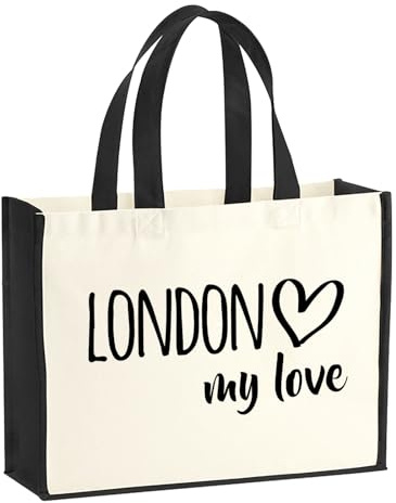 Huuraa Jutetasche London my love Geschenk | Großer Shopper 21 Liter Juteshopper Black Tasche aus Jute und Baumwolle Einkaufstasche Geschenkidee Tragetasche mit Motiv