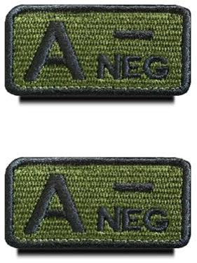2 Stück Taktisch Militär Grün Typ A- Neg Negativ Blutgruppe Kreuz Emblem Bestickter Aufnäher Patch Verschluss für Erste-Hilfe-Tasche, Trauma, Medizin, Sanitäter, Rettungspaket (A-)