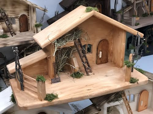 ÖLBAUM Naturholz-Weihnachtskrippe, Krippenstall, 50 cm groß, für 9 cm bis 13 cm Figuren geeignet, massiv und robust, Naturholz Hellbraun LASIERT, Größe 50 x 27 x 22 cm KH50hhe-Dhhe-LSdu-Tdu