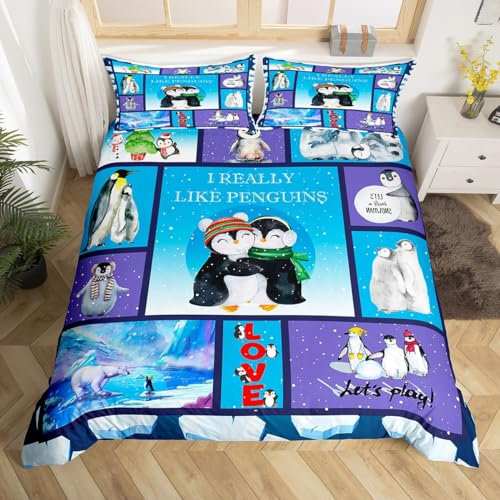 Manfei Cartoon Pinguine Kinder Bettbezug Set L Größe,Netter Eisbär Arktis Tiere Bettwäsche Set,Jungen Mädchen Frauen,Geometrische Plaids Patchwork Trostüberzug,Blau Chic Quilt Cover,2 Kissenbezug