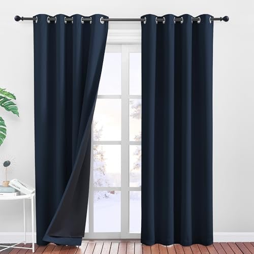 PONY DANCE Lichtundurchlässige Vorhänge mit Ösen H 240 x B 140 cm Kinderzimmer Gardinen Blickdicht Ösenschal 2er Set Doppellagige Verdunklungsvorhänge Thermovorhang Hitzeschutz, Dunkelblau