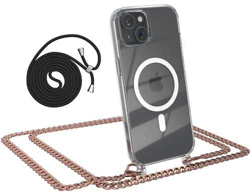 EAZY CASE - Handykette kompatibel mit iPhone 15 Kette zum Umhängen Stoßfest Handyhülle für iPhone 15 Silikon Hülle mit Band aus Metall Transparent als Fallschutz in Metall - Rosé-Gold