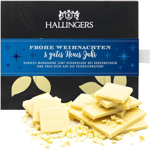 Hallingers Genuss Manufaktur Weiße Schokolade Weihnachts-Geschenk - Tafel aus handgeschöpftem Edelkakao ohne Alkohol edler Karton Frohe Weihnacht... Mandarine-Zimt, Weihnachten für Frauen Männer