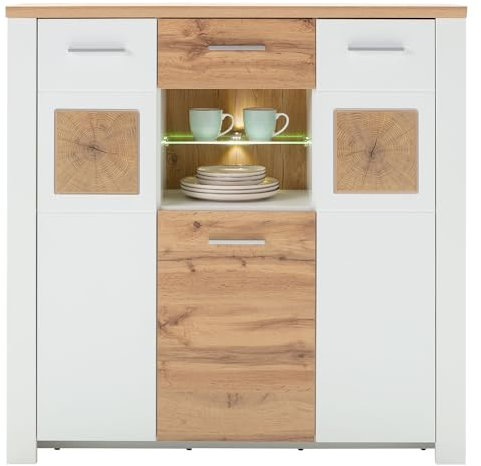 LIVIN Highboard - Eiche Altholz Dekor - B 122 x H 122 cm - Weiß supermatt Dekor - 3 Türen und 1 Schublade