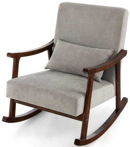 COSTWAY Schaukelstuhl, Sessel Wohnzimmer, Gepolsterter Loungesessel mit Armlehnen & Sitzkissen aus Holz, Schaukelsessel für Wohnzimmer und Schlafzimmer (Braun)
