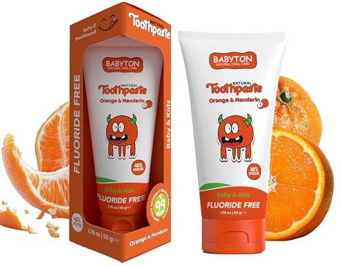 Babyton Natural Toothpaste - Tropical Flavor, Safe for Babies and Kids, Free from SLS/Fluoride/Parabens, 50ml (Orange & Mandarin)