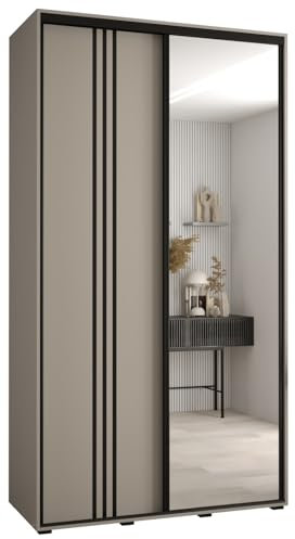 MEBLE KRYSPOL Dakota 7 Schrank mit Zwei Schiebetüren - Moderner Kleiderschrank mit Spiegel, Kleiderstange und Regalen - 235,2x140x60cm - Kaschmir Schwarz